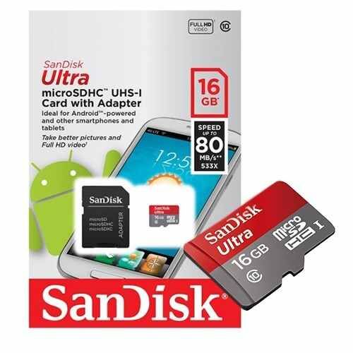 Tarjeta DE MEMORIA SANDISK MICROSD 16GB ULTRA 80MB/S CON ADAPTADOR SD