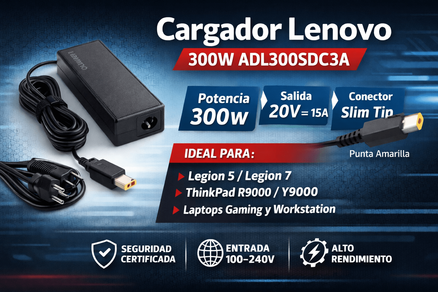 Cargador Lenovo ADL300SDC3A 300W Original – 20V 15A Slim Tip para Lenovo Legion